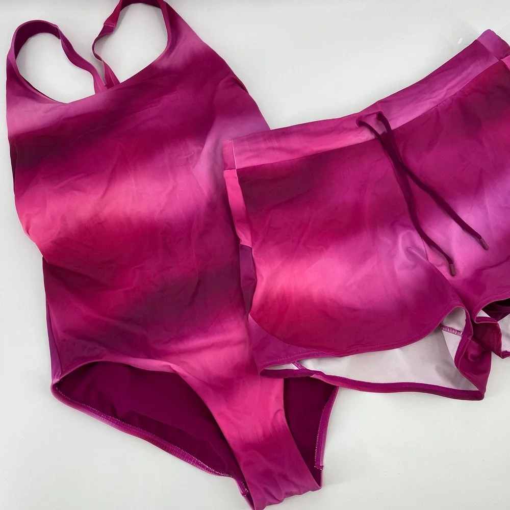 Athleta Swimsuit Set Womens Medium Pink Ombre One Piece & Swim Shorts